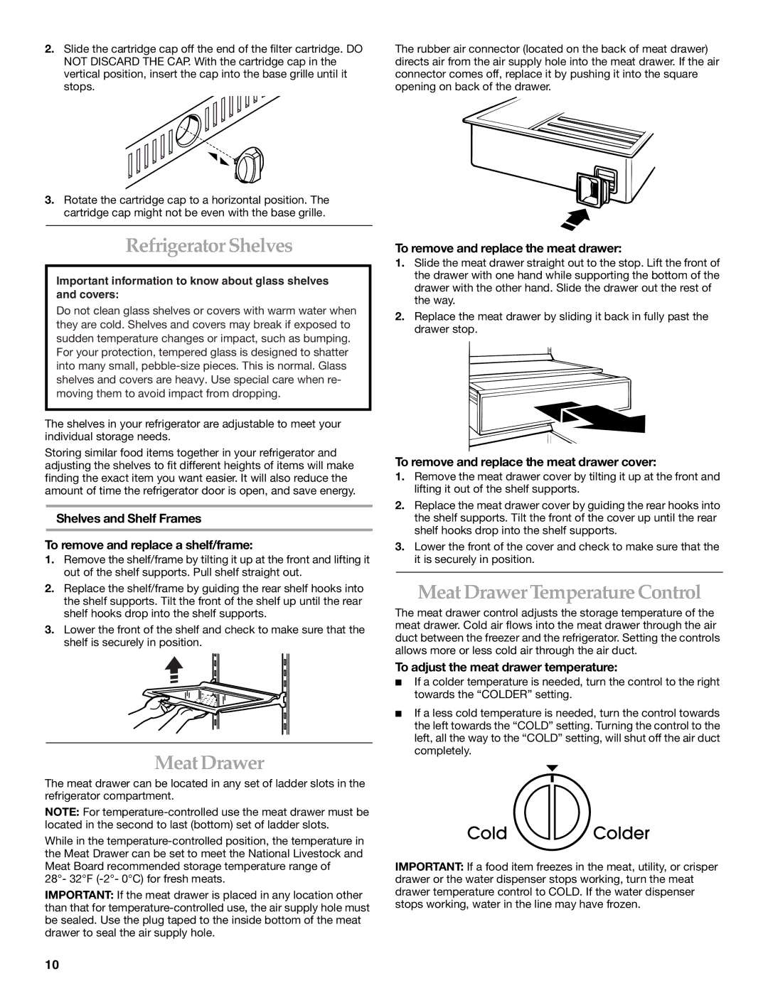 KitchenAid KSSC42QKS01, KSSC36FMS00, KSSC36FMS02, KSSC36FKS01 manual Refrigerator Shelves, Meat Drawer Temperature Control 