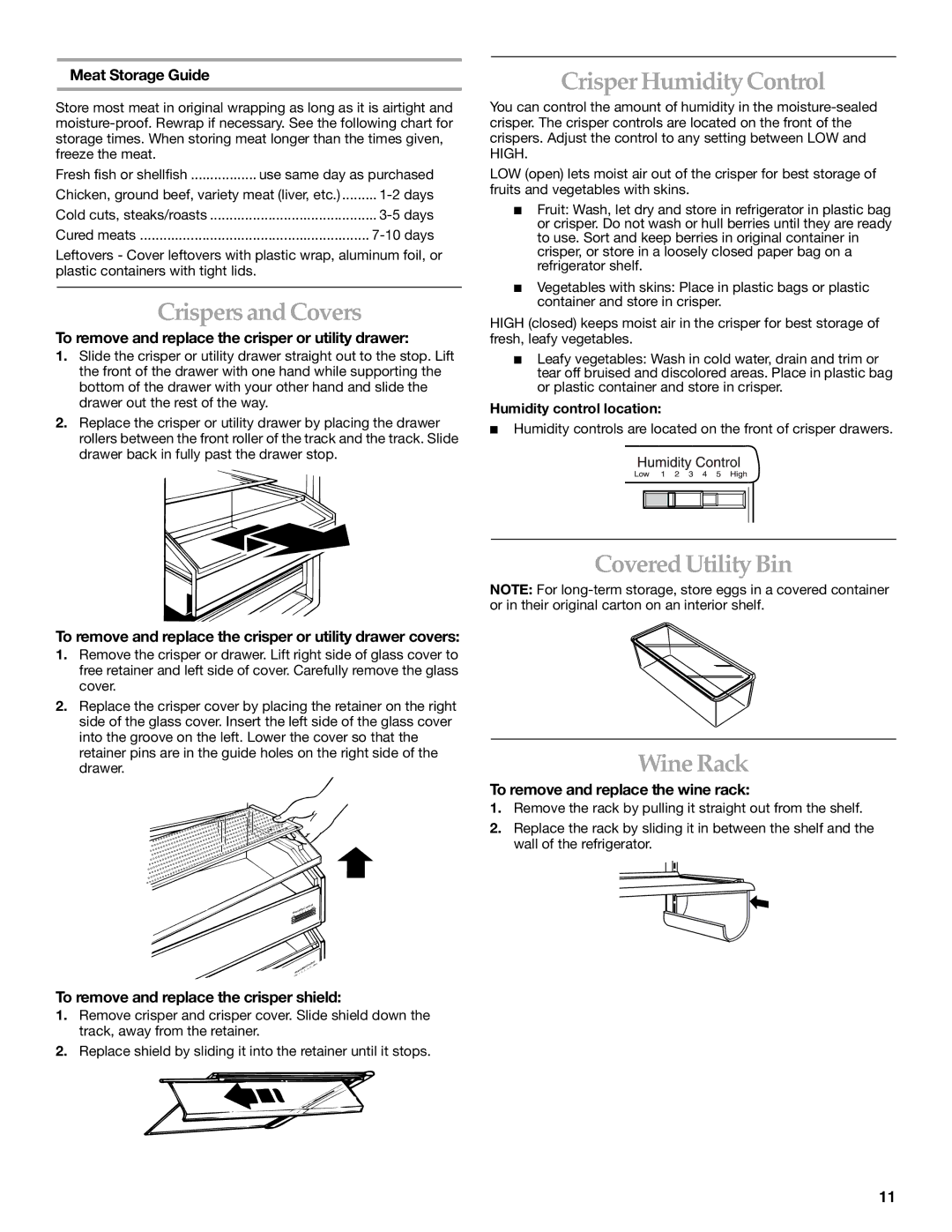 KitchenAid KSSC42FMS01, KSSC36FMS00 manual Crispers and Covers, Crisper Humidity Control, Covered Utility Bin Wine Rack 