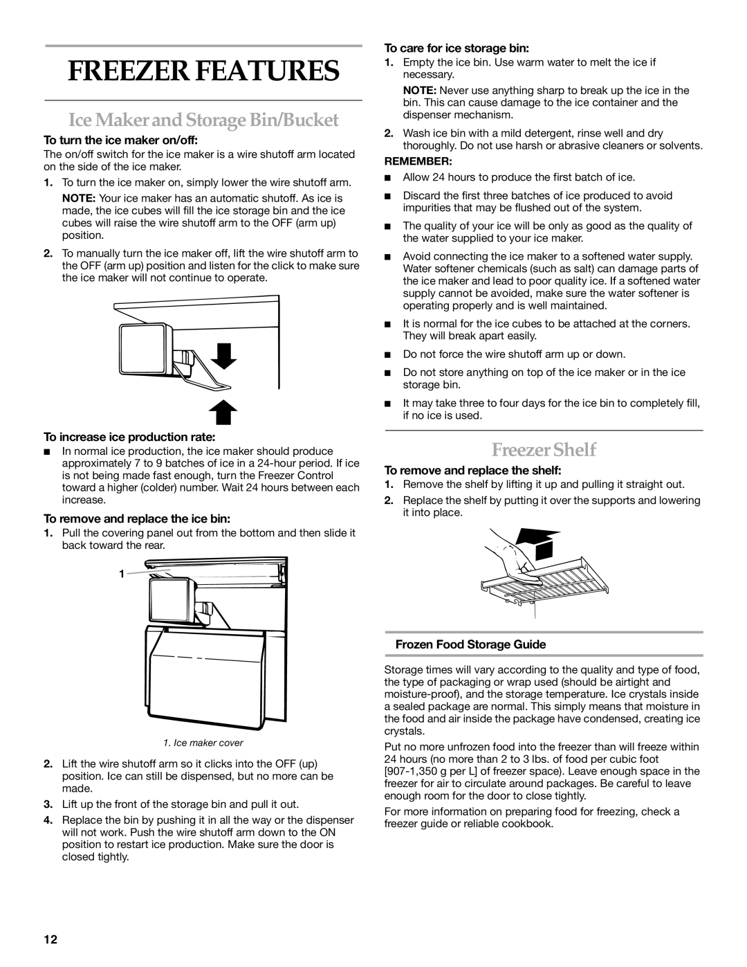 KitchenAid KSSC36QKS02, KSSC36FMS00, KSSC36FMS02 manual Freezer Features, Ice Maker and Storage Bin/Bucket, Freezer Shelf 