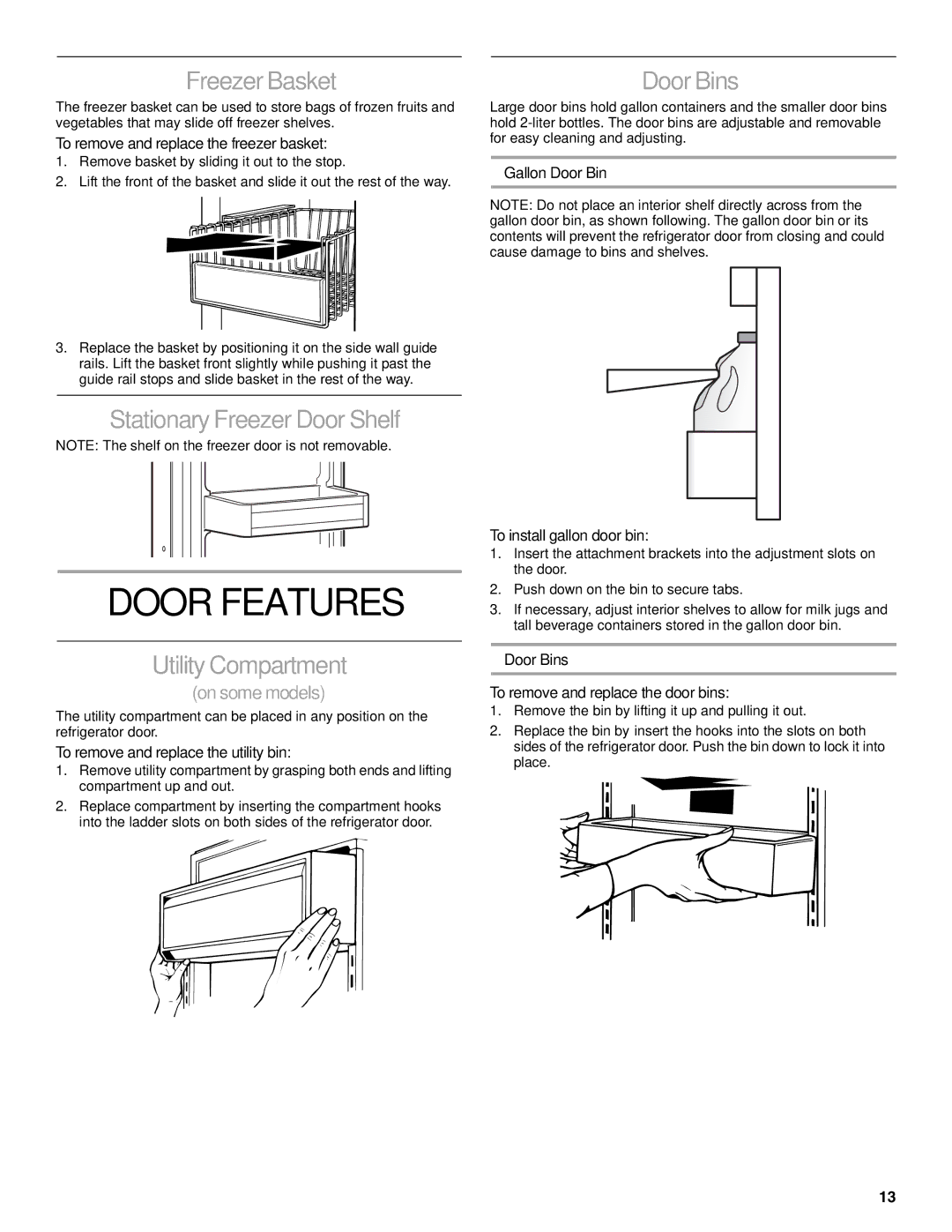 KitchenAid KSSC42FKS02 manual Door Features, Freezer Basket, Stationary Freezer Door Shelf, Utility Compartment, Door Bins 