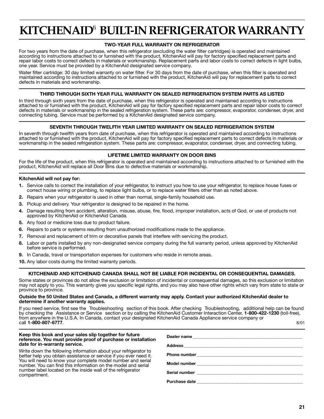 KitchenAid KSSO36QMX01, KSSC36FMS00 manual TWO-YEAR Full Warranty on Refrigerator, Lifetime Limited Warranty on Door Bins 