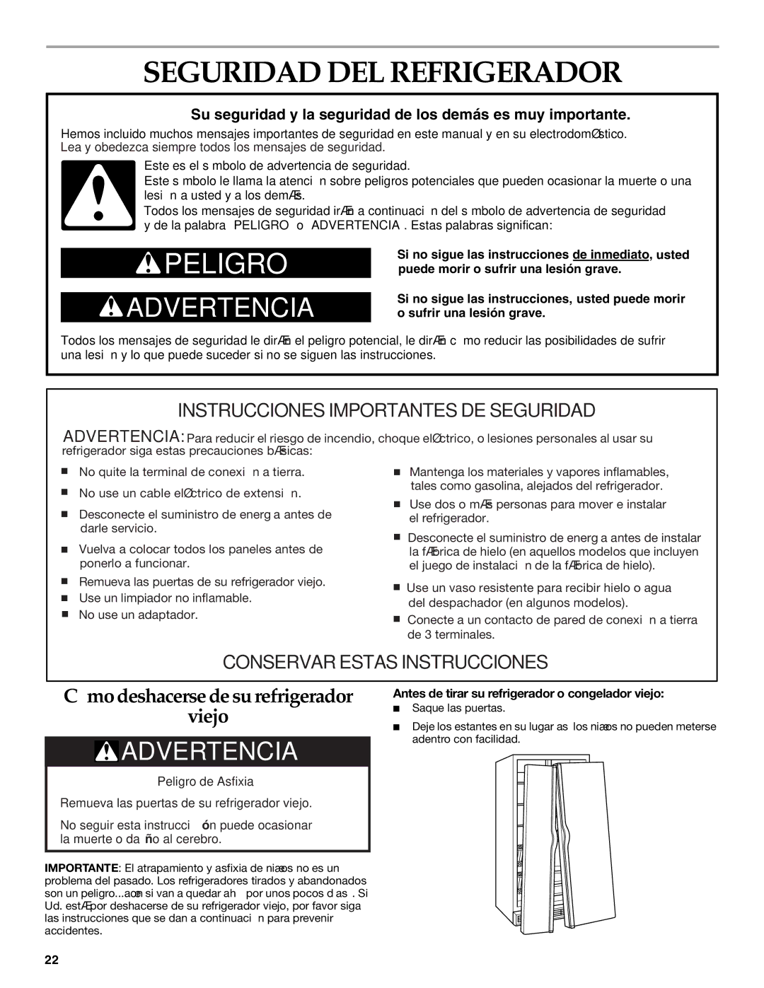 KitchenAid KSSO48QMX01, KSSC36FMS00 manual Seguridad DEL Refrigerador, Antes de tirar su refrigerador o congelador viejo 