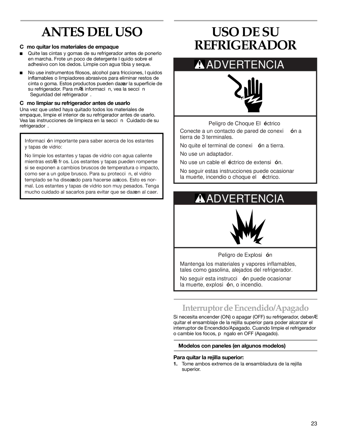 KitchenAid KSSO36QMW01, KSSC36FMS00, KSSC36FMS02 Antes DEL USO, USO DE SU Refrigerador, Interruptor de Encendido/Apagado 