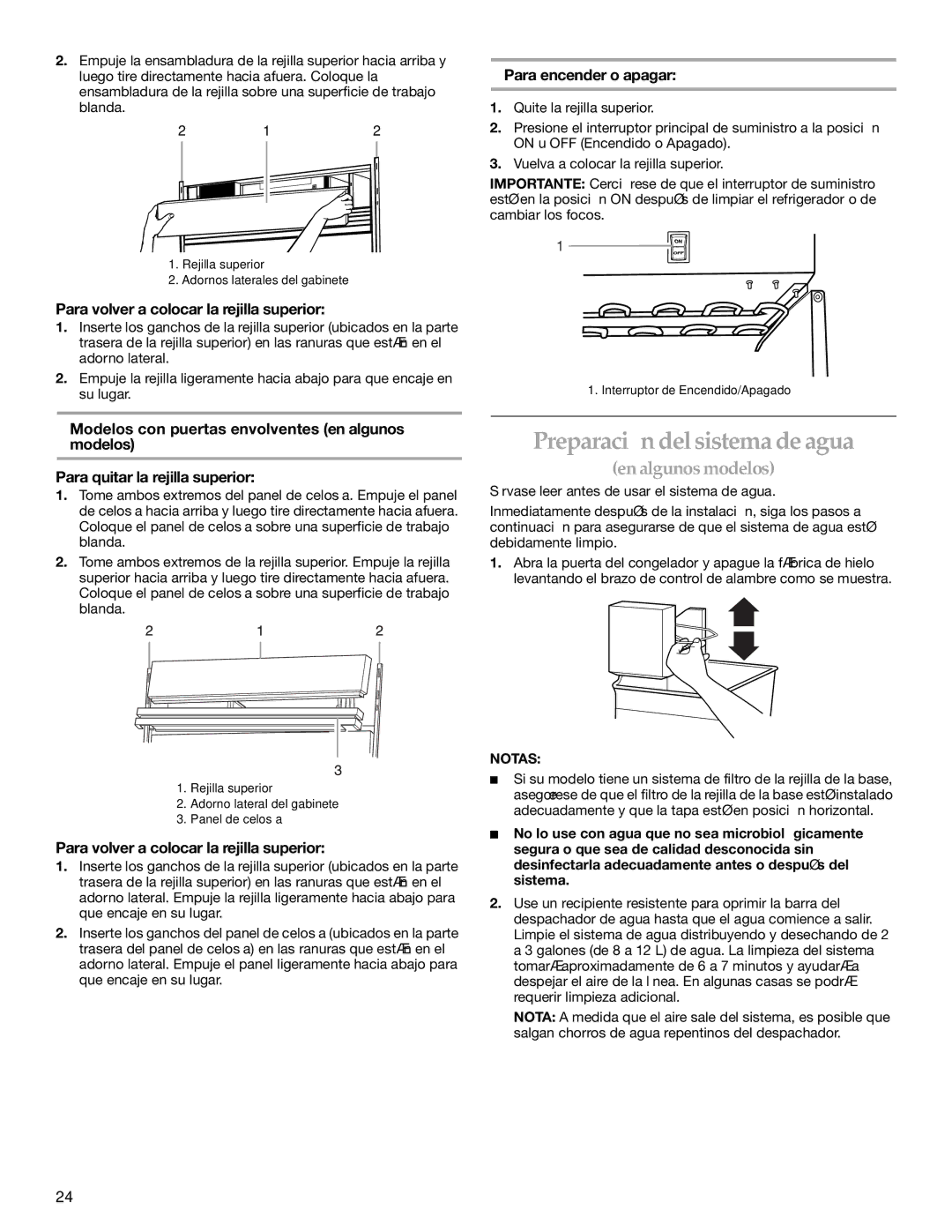 KitchenAid KSSO36QMB01 Preparación del sistema de agua, Para volver a colocar la rejilla superior, Para encender o apagar 