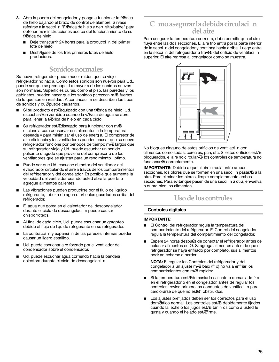 KitchenAid KSSO48FMX01 Cómo asegurar la debida circulación Del aire, Sonidos normales, Uso de los controles, Importante 