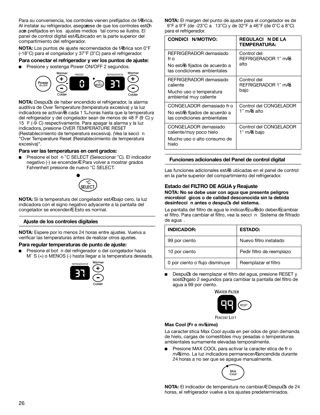 KitchenAid KSSO48QMB02 Para conectar el refrigerador y ver los puntos de ajuste, Para ver las temperaturas en centígrados 