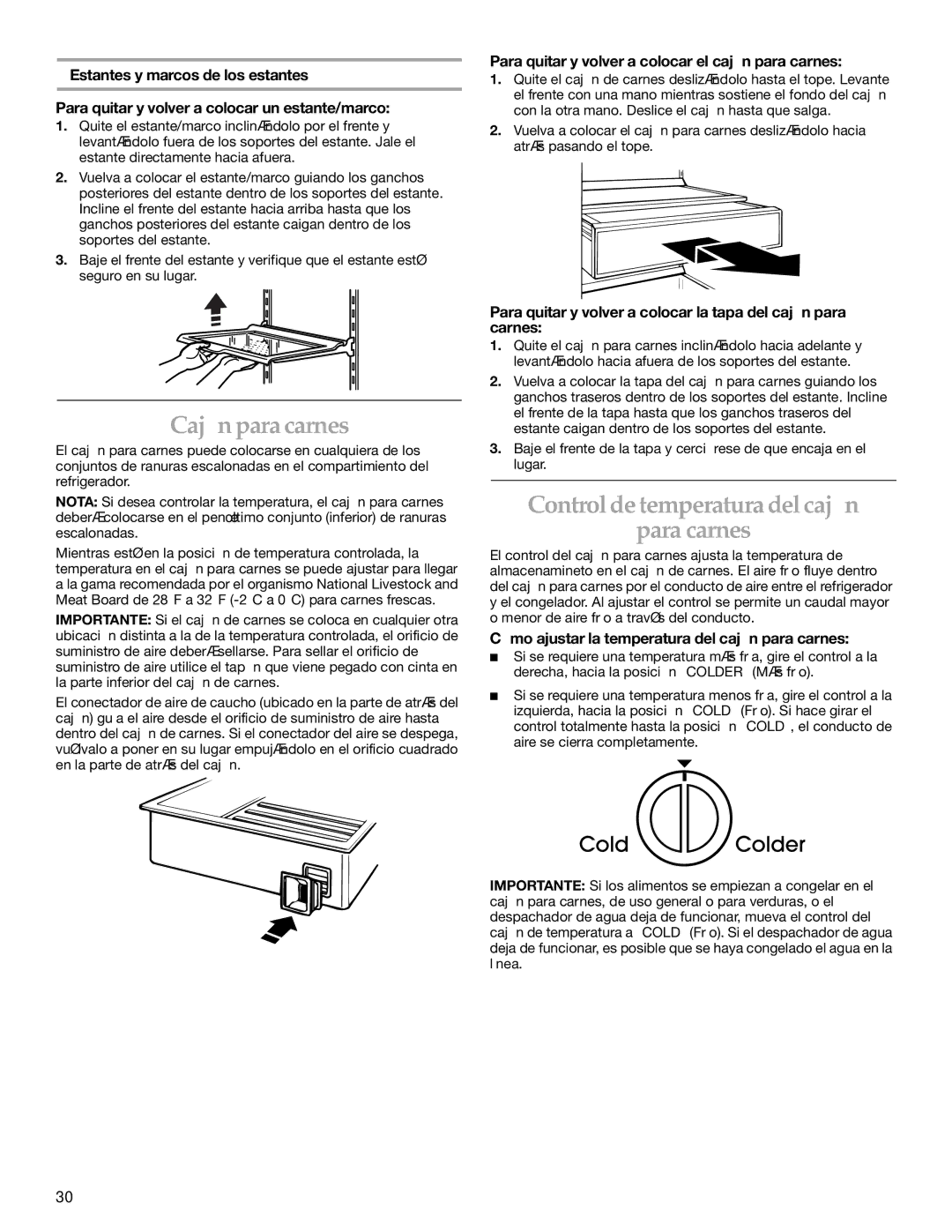 KitchenAid KSSO48QMB00, KSSC36FMS00, KSSC36FMS02 manual Cajón para carnes, Control de temperatura del cajón Para carnes 