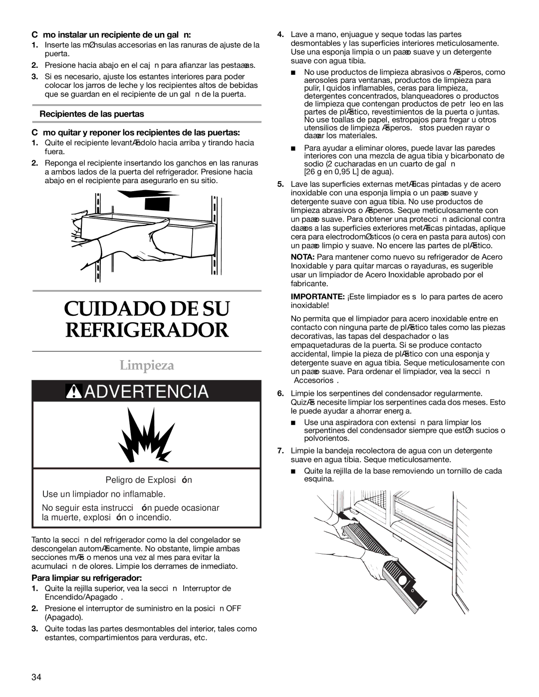 KitchenAid KSSC48QMS01, KSSC36FMS00 manual Cuidado DE SU Refrigerador, Limpieza, Cómo instalar un recipiente de un galón 