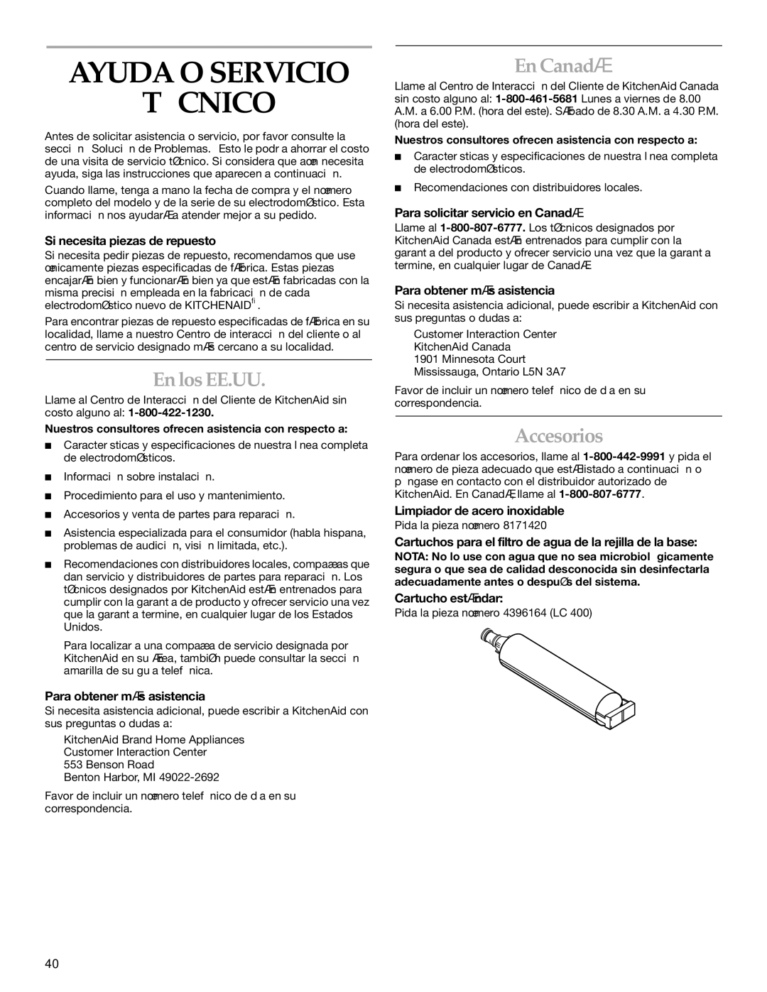 KitchenAid KSSS48QMW00, KSSC36FMS00, KSSC36FMS02, KSSC36FKS01 Ayuda O Servicio Técnico, En los EE.UU, En Canadá, Accesorios 