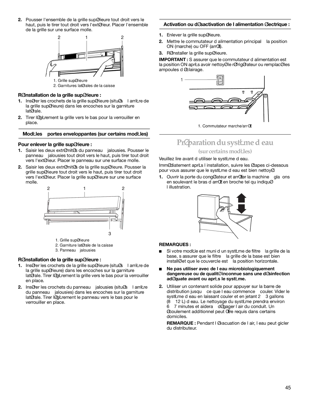 KitchenAid KSSS36FKT02, KSSC36FMS00 manual Préparation du système d’eau, Réinstallation de la grille supérieure, Remarques 