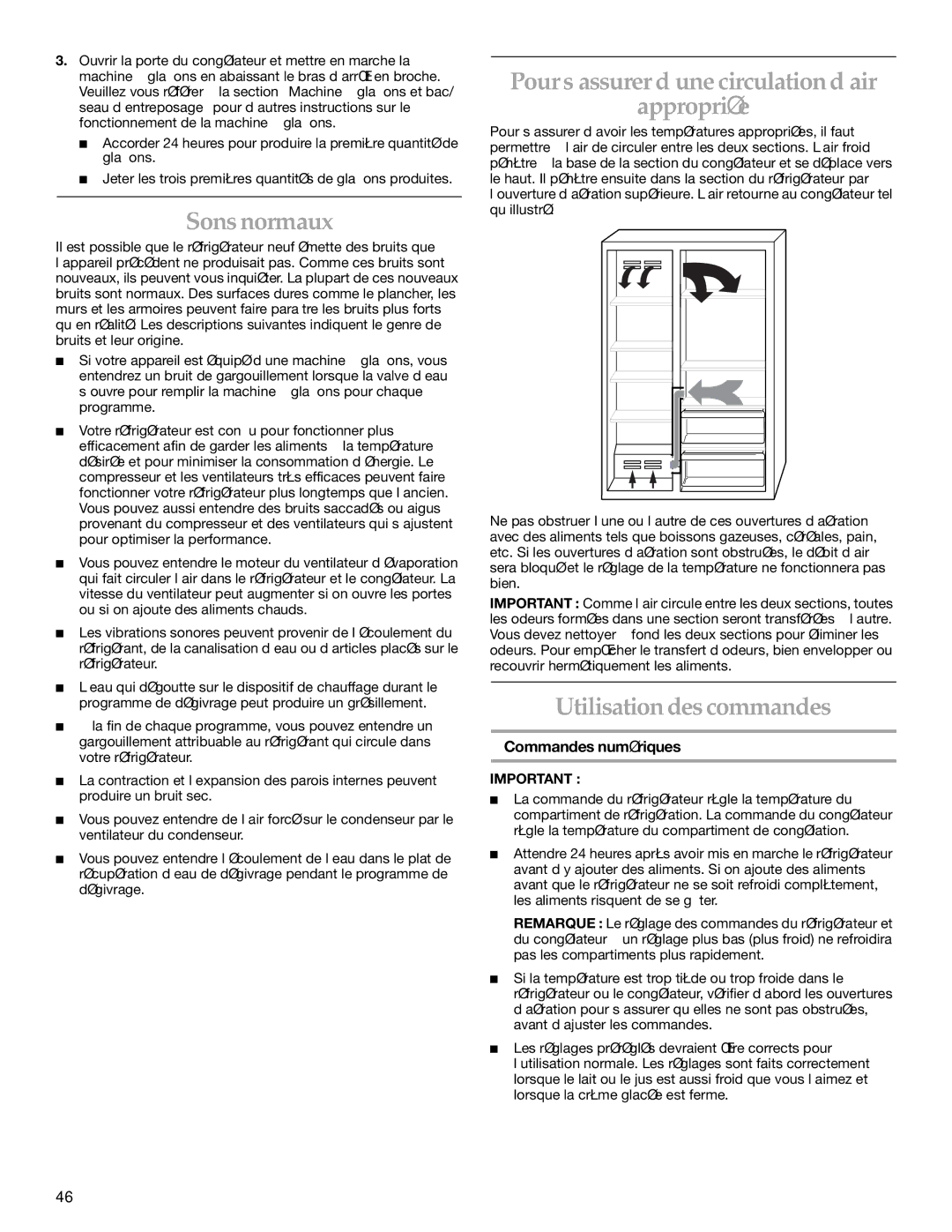 KitchenAid KSSS36FKT01 manual Sons normaux, Pour s’assurer d’une circulation d’air Appropriée, Utilisation des commandes 