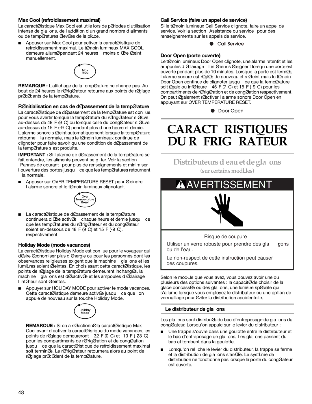 KitchenAid KSSS36FKW01, KSSC36FMS00, KSSC36FMS02, KSSC36FKS01, KSSC36FMS01, KSSC36FKB01 manual Distributeurs d’eau et de glaçons 