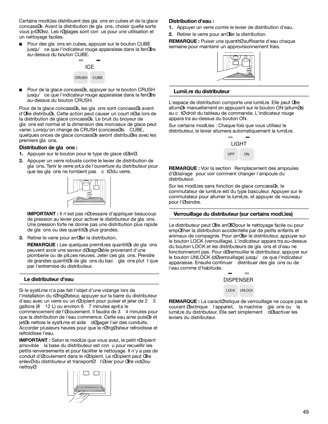 KitchenAid KSSV42FMM00 manual Distribution de glaçons, Distribution deau, Lumière du distributeur, Le distributeur deau 