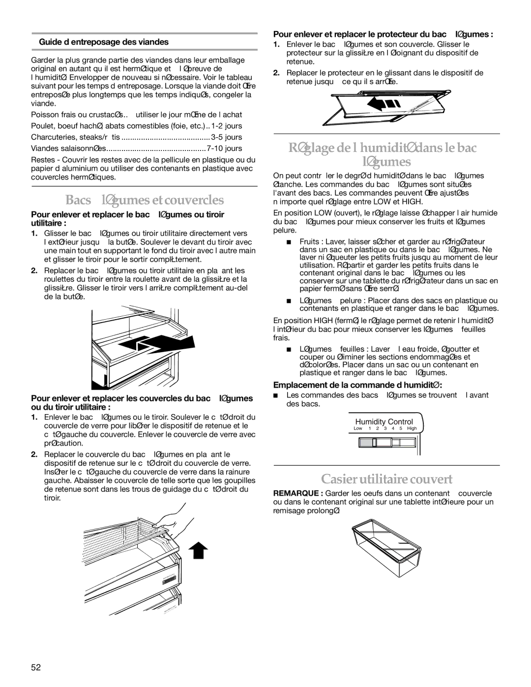 KitchenAid KSSS48QKW01, KSSC36FMS00, KSSC36FMS02 Bacs à légumes et couvercles, Réglage de l’humidité dans le bac à Légumes 