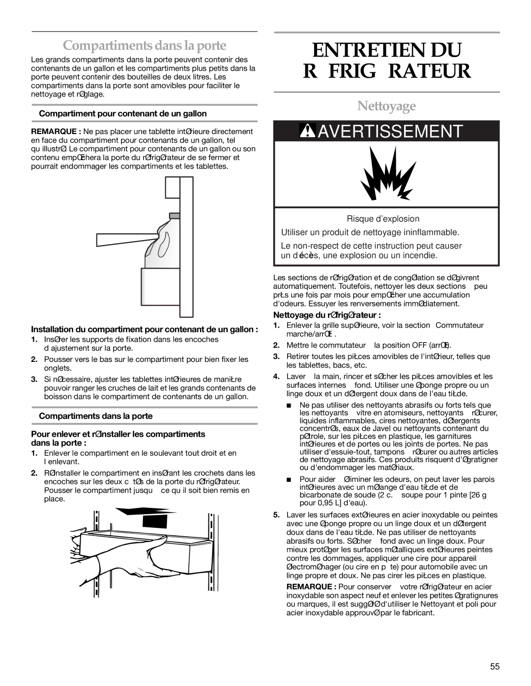 KitchenAid KSSS48QKW02 manual Entretien DU Réfrigérateur, Compartiments dans la porte, Nettoyage du réfrigérateur 