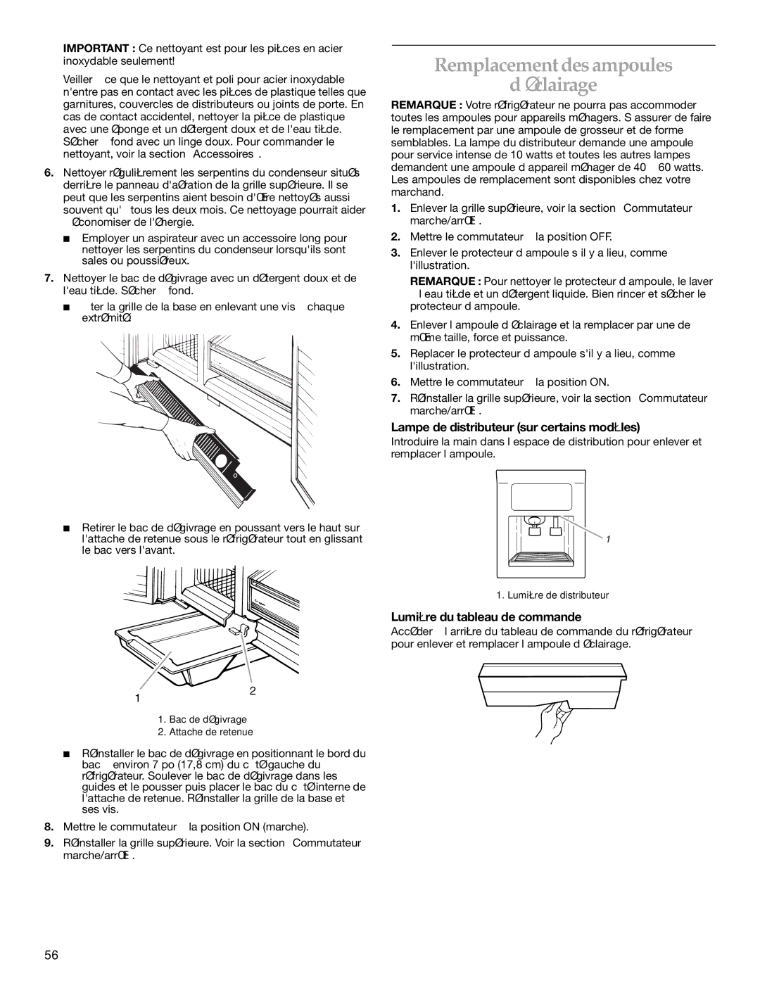 KitchenAid KSSS48QMB02, KSSC36FMS00 manual Remplacement des ampoules ’éclairage, Lampe de distributeur sur certains modèles 