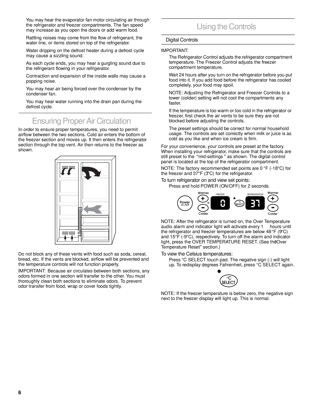 KitchenAid KSSC48FKB01, KSSC36FMS00, KSSC36FMS02 manual Ensuring Proper Air Circulation, Using the Controls, Digital Controls 