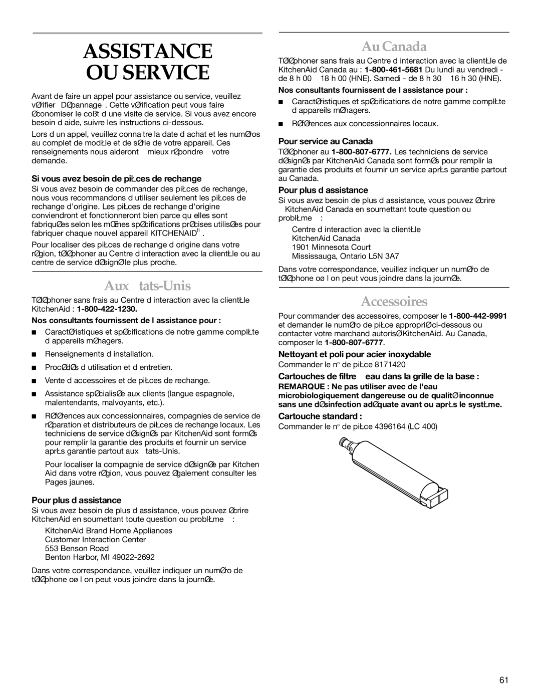 KitchenAid KSSS48QKT02, KSSC36FMS00, KSSC36FMS02, KSSC36FKS01 Assistance OU Service, Aux États-Unis, Au Canada, Accessoires 