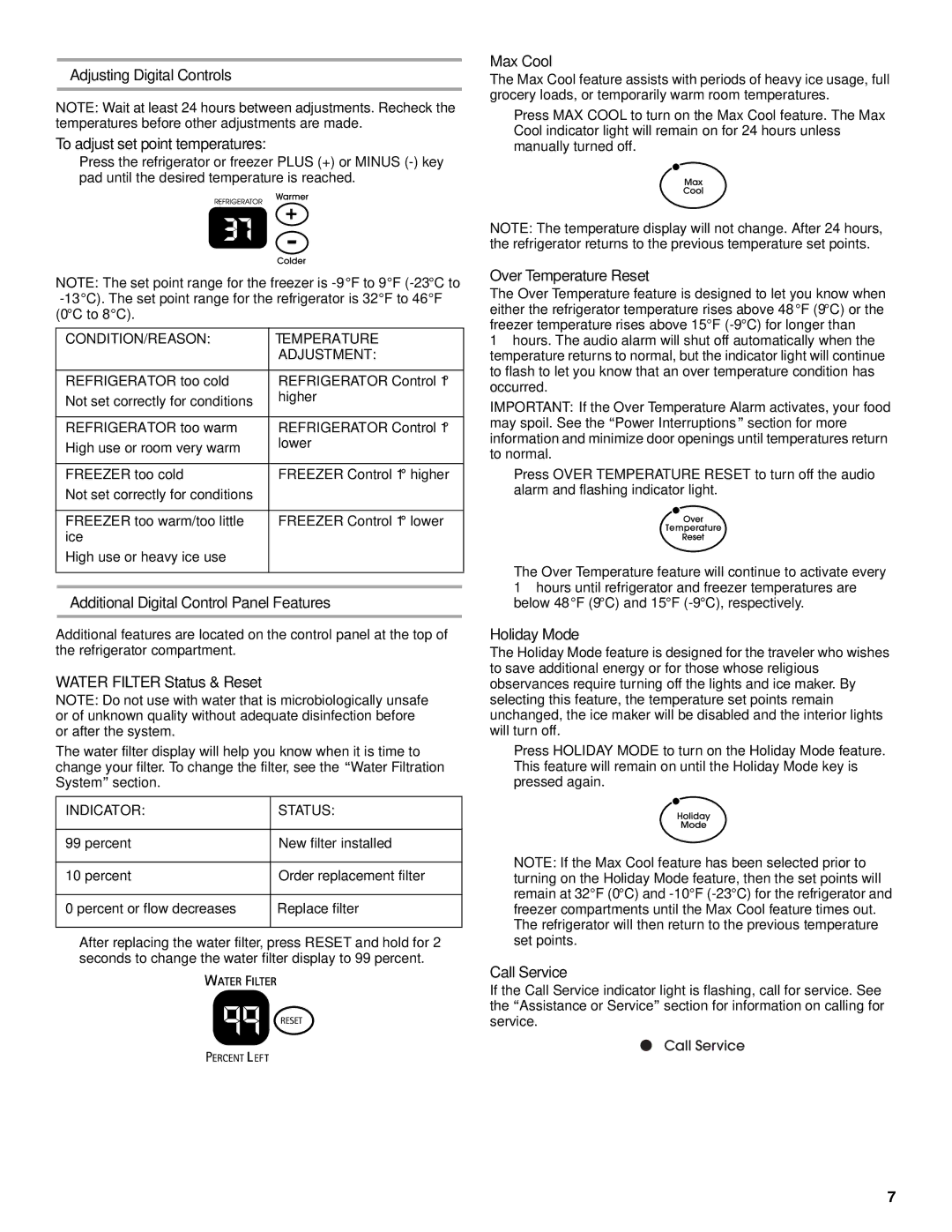 KitchenAid KSSC36QMS00 Adjusting Digital Controls To adjust set point temperatures, Water Filter Status & Reset, Max Cool 