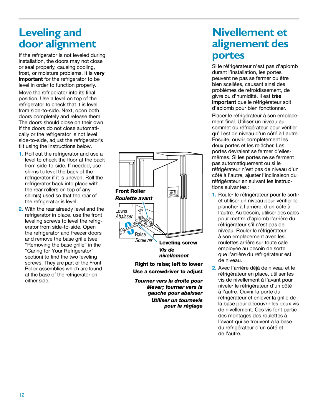 KitchenAid Side Refrigerator manual Nivellement et alignement des portes, Leveling and door alignment, Front Roller 