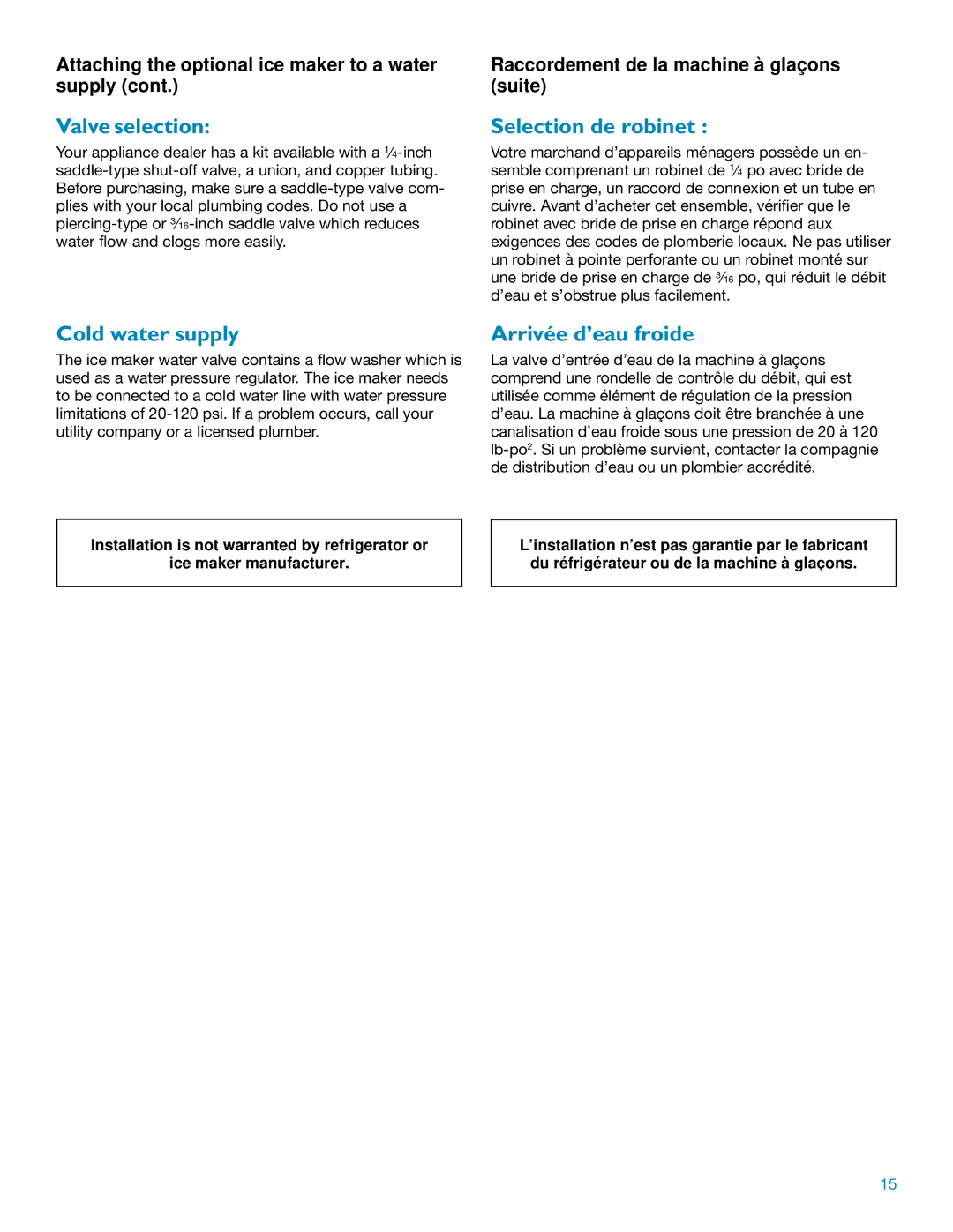 KitchenAid Side Refrigerator manual Valve selection, Selection de robinet, Cold water supply, Arrivée d’eau froide 