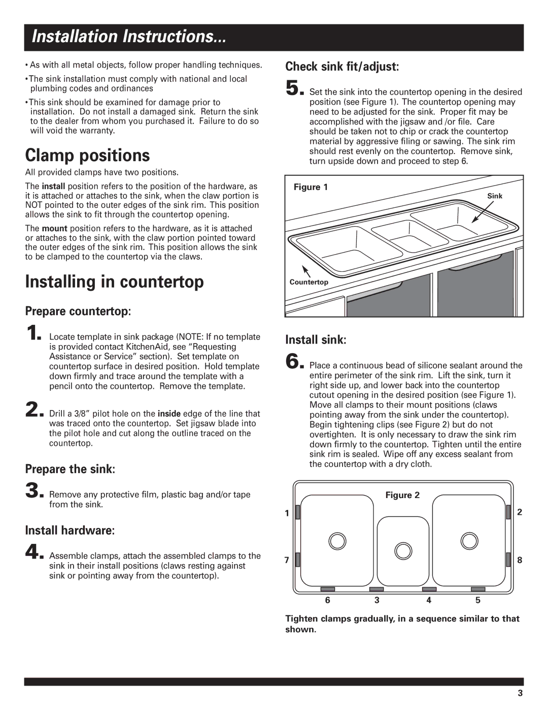 KitchenAid Sinks 8534966 installation instructions Installation Instructions, Clamp positions, Installing in countertop 