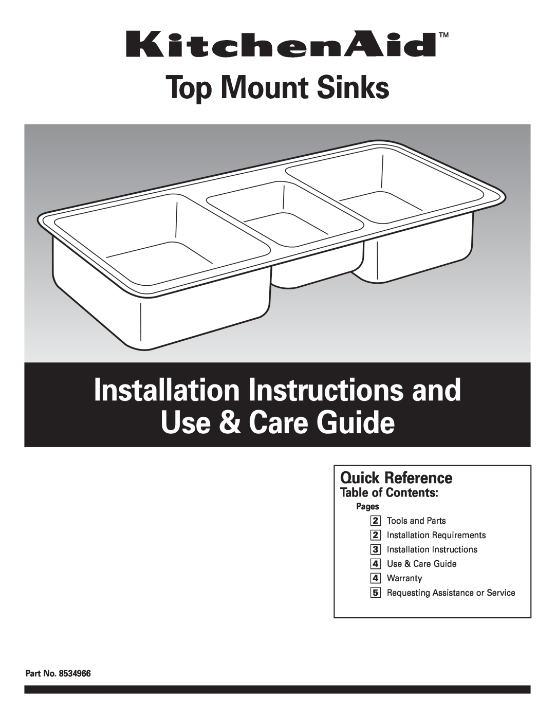 KitchenAid Sinks 8534966 installation instructions Table of Contents, Top Mount Sinks, Quick Reference 