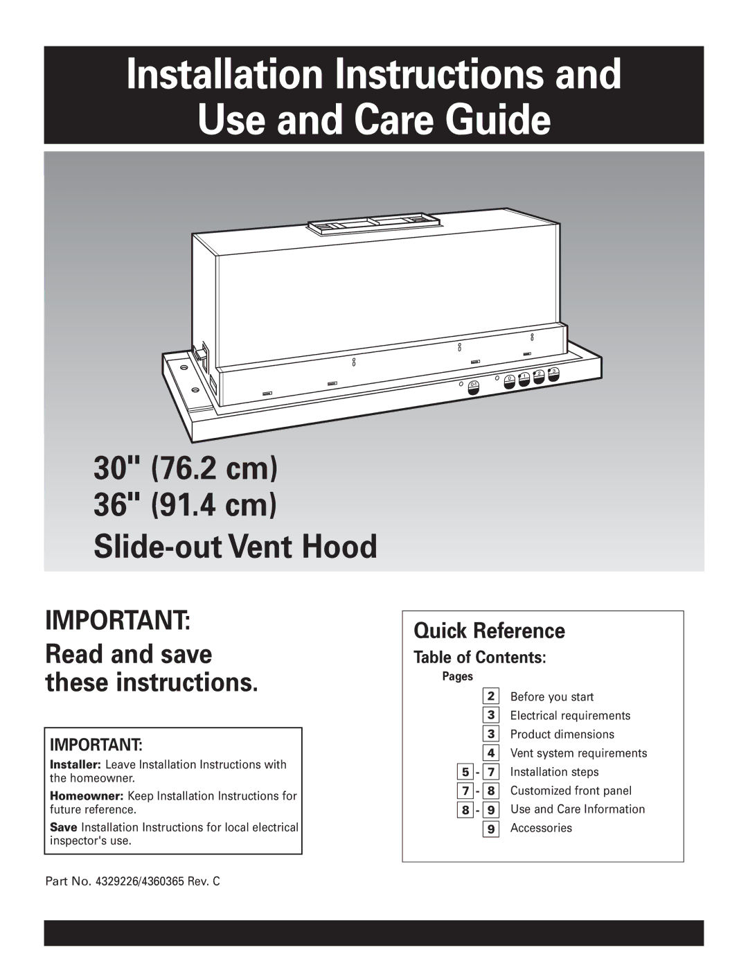 KitchenAid Slide-out Vent Hood installation instructions Installation Instructions Use and Care Guide 