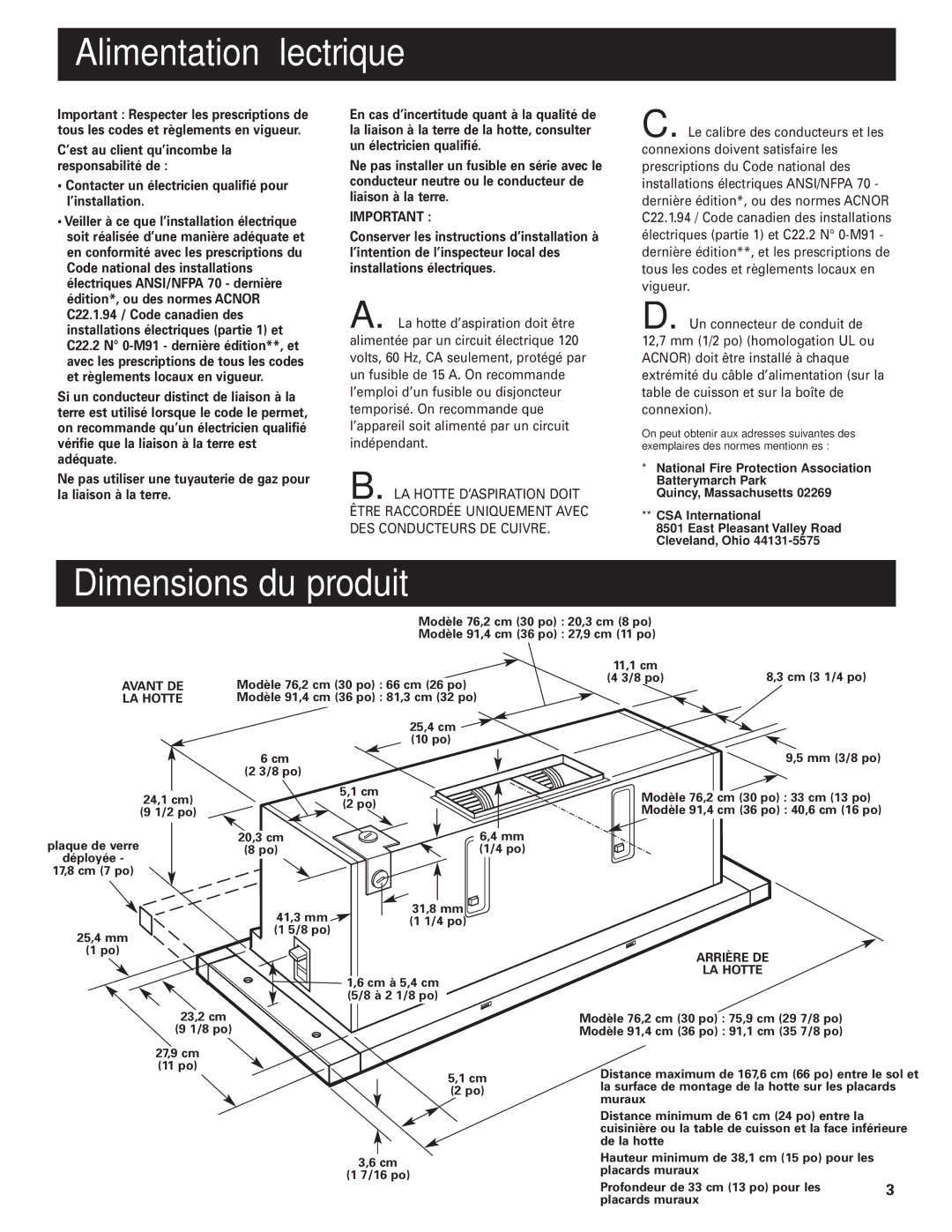 KitchenAid Slide-out Vent Hood installation instructions Alimentation électrique, Dimensions du produit 