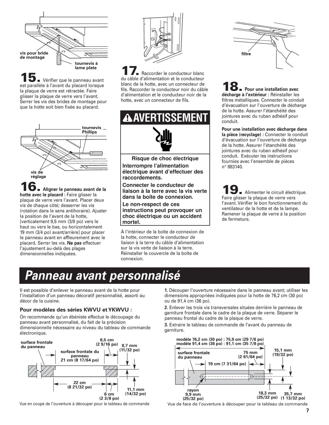 KitchenAid Slide-out Vent Hood installation instructions Panneau avant personnalisé, Pour modèles des séries Kwvu et Ykwvu 