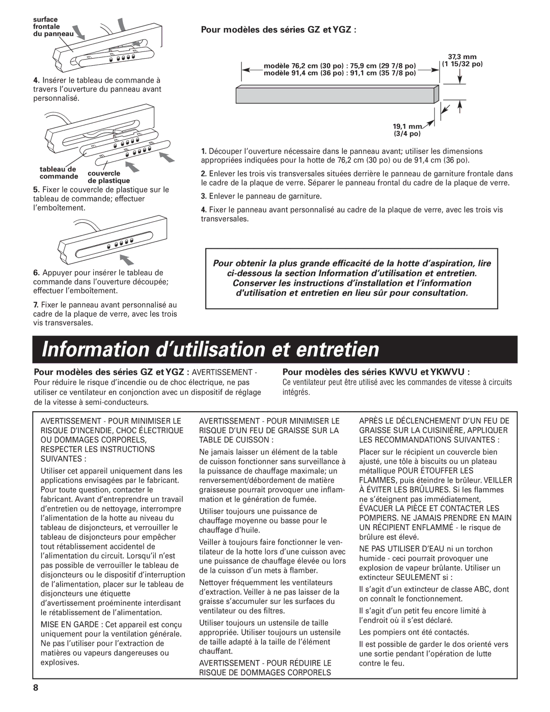 KitchenAid Slide-out Vent Hood Information d’utilisation et entretien, Pour modèles des séries GZ et YGZ 