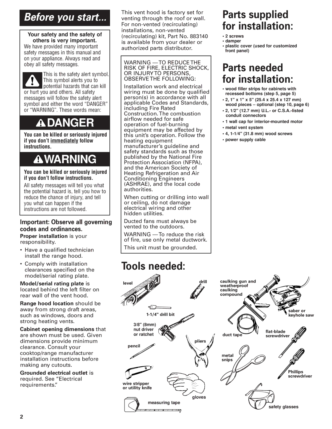 KitchenAid Slide-out Vent Hood installation instructions Before you start, Metal snips 