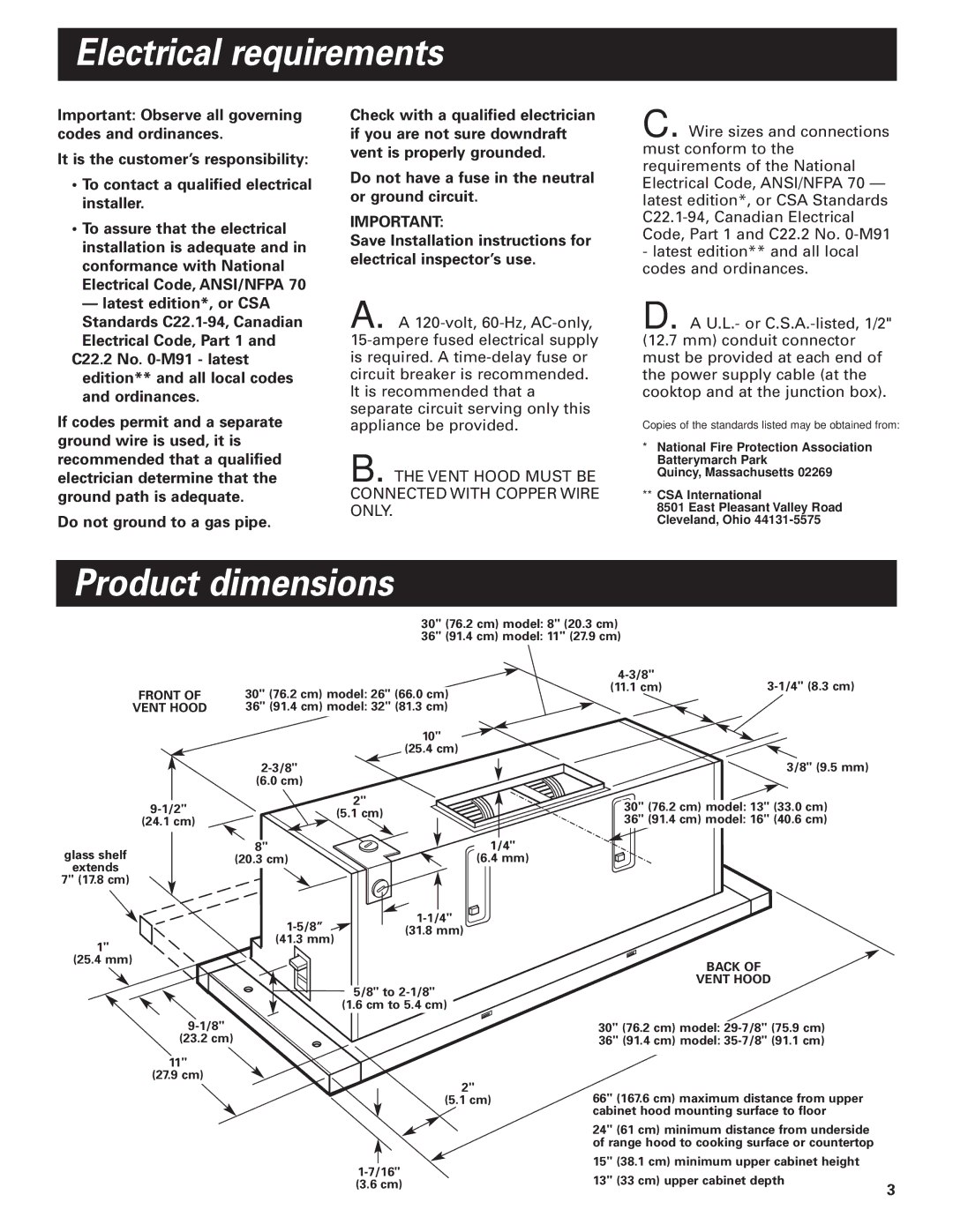 KitchenAid Slide-out Vent Hood installation instructions Electrical requirements, Product dimensions 