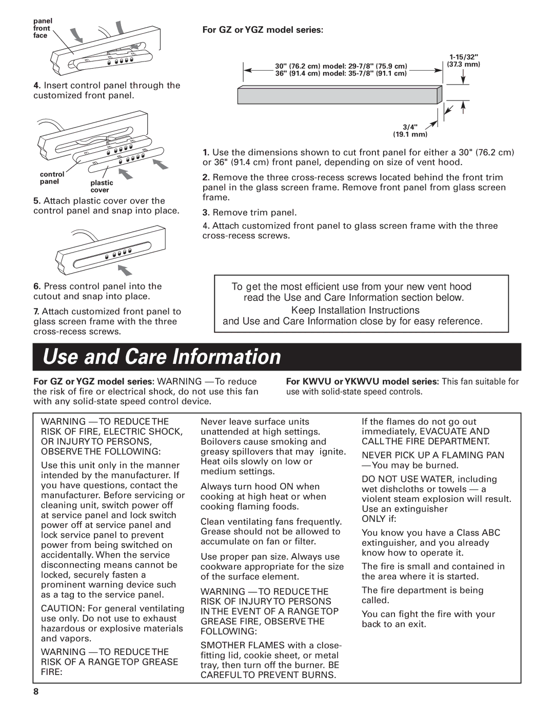 KitchenAid Slide-out Vent Hood installation instructions Use and Care Information, For GZ or YGZ model series 