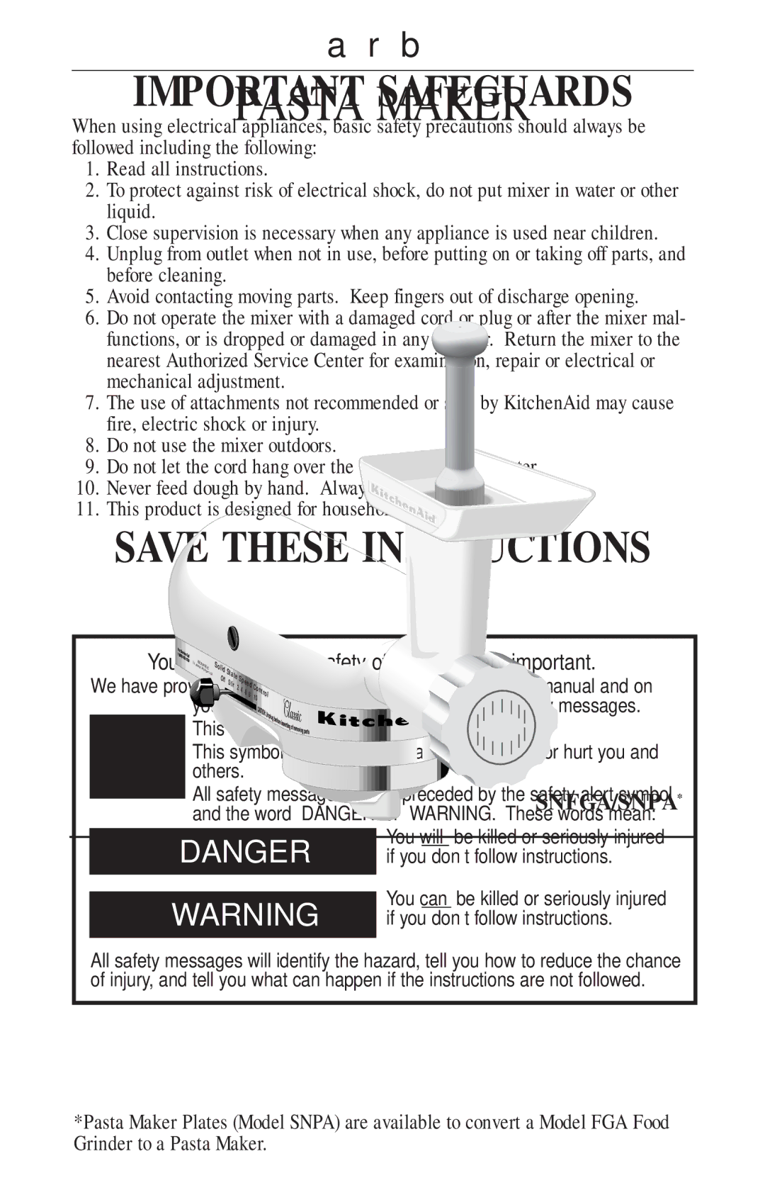 KitchenAid SNFGA, SNPA* manual Important Safeguards 