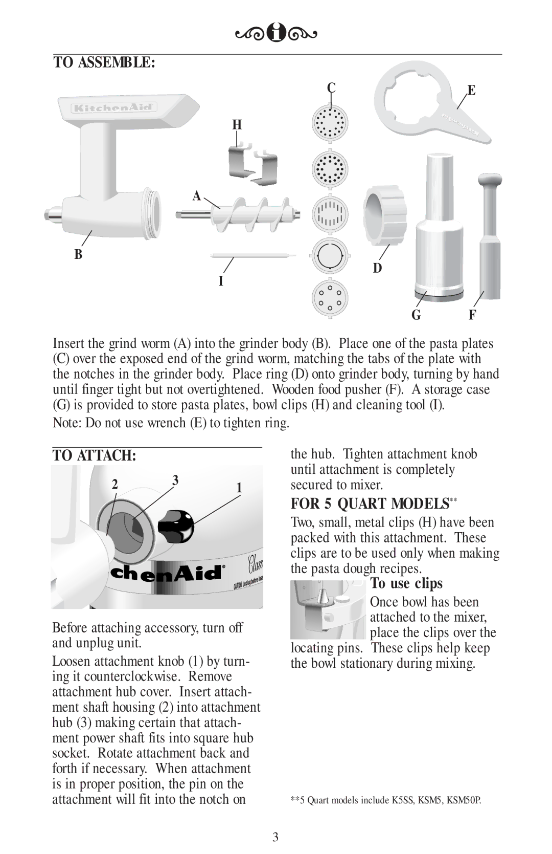 KitchenAid SNPA*, SNFGA manual To Assemble, To Attach, For 5 Quart Models, To use clips 