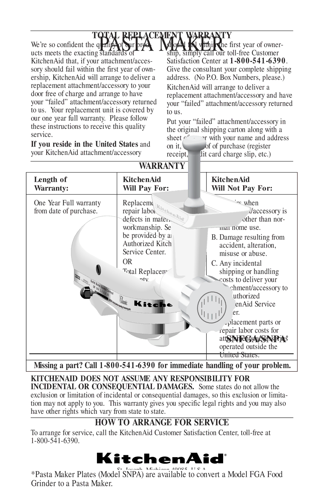 KitchenAid SNFGA, SNPA* manual Total Replacement Warranty, HOW to Arrange for Service 