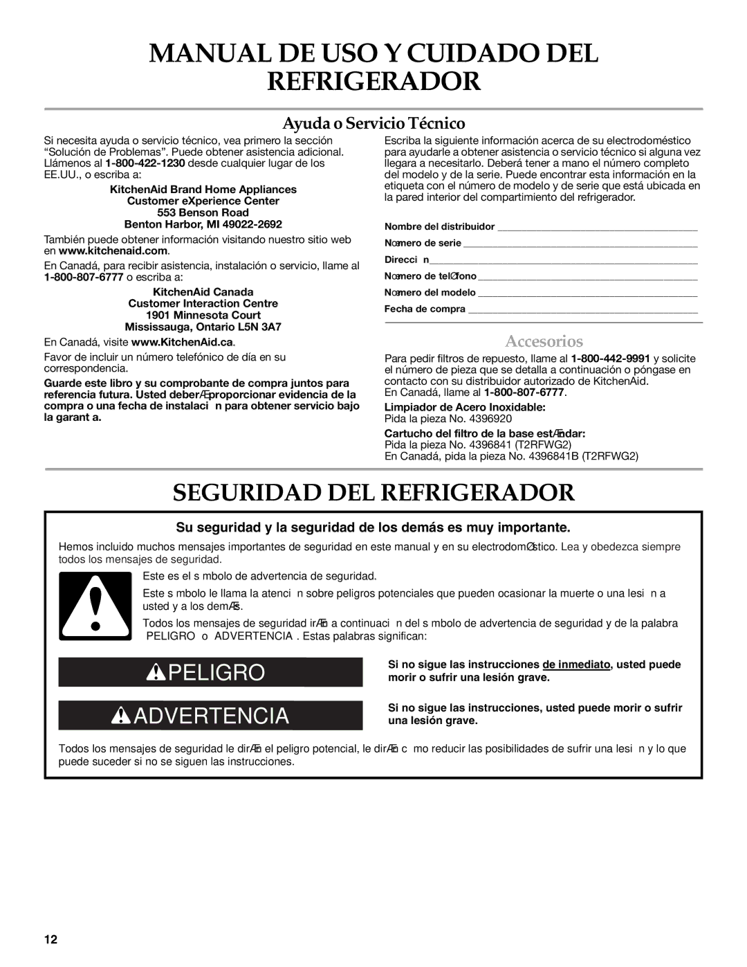 KitchenAid T2RFWG2 warranty Seguridad DEL Refrigerador, Accesorios 