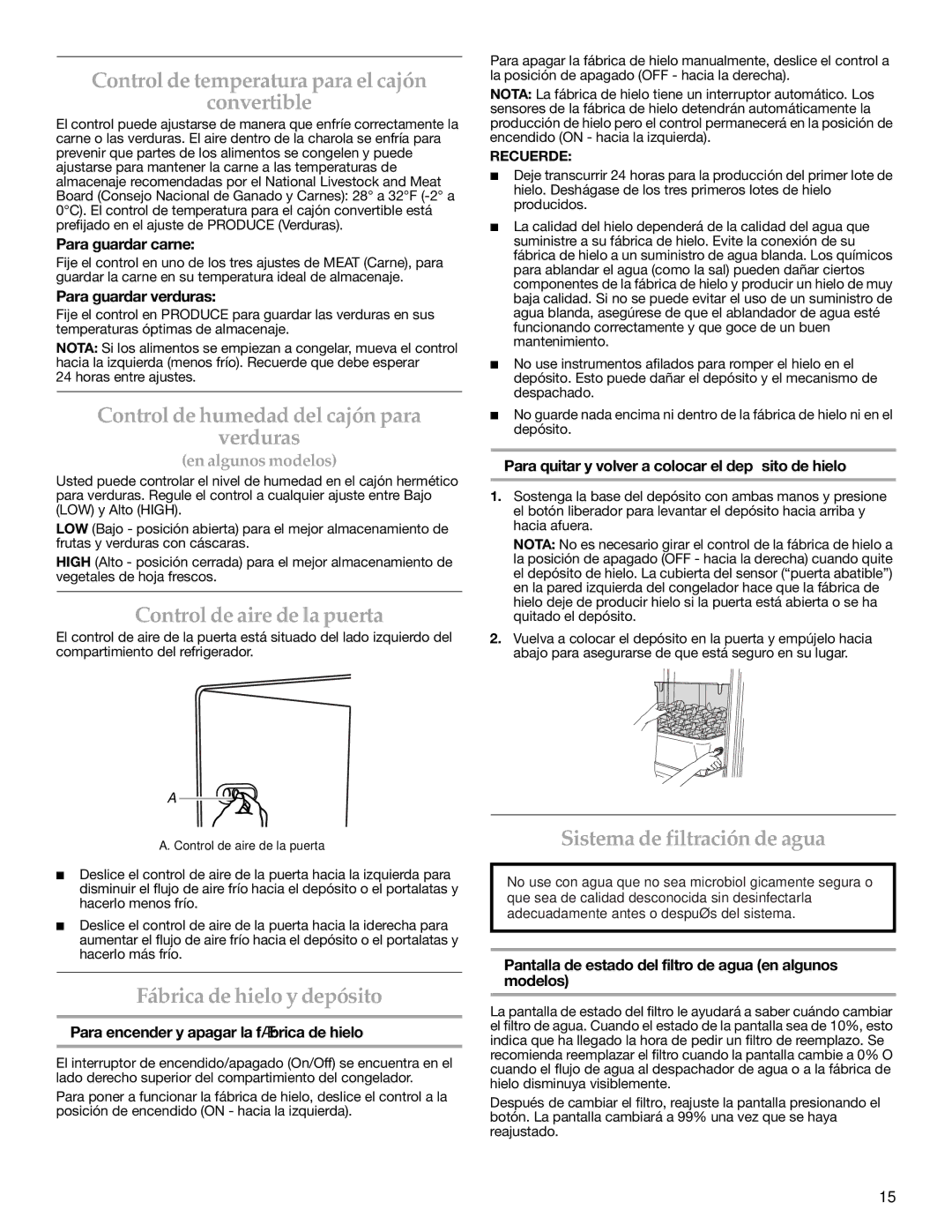 KitchenAid T2RFWG2 warranty Control de temperatura para el cajón Convertible, Control de humedad del cajón para Verduras 