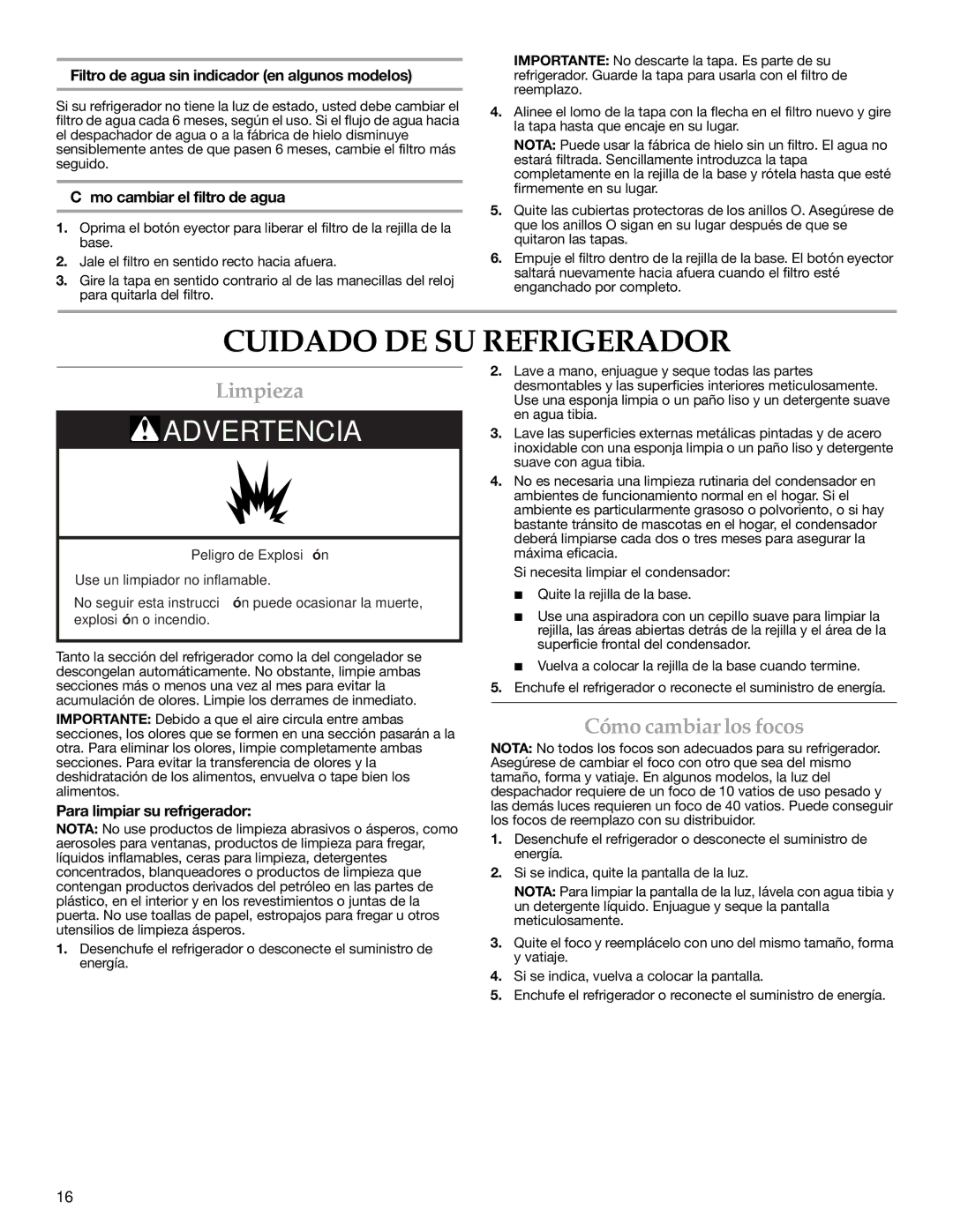 KitchenAid T2RFWG2 warranty Cuidado DE SU Refrigerador, Limpieza, Cómo cambiar los focos 