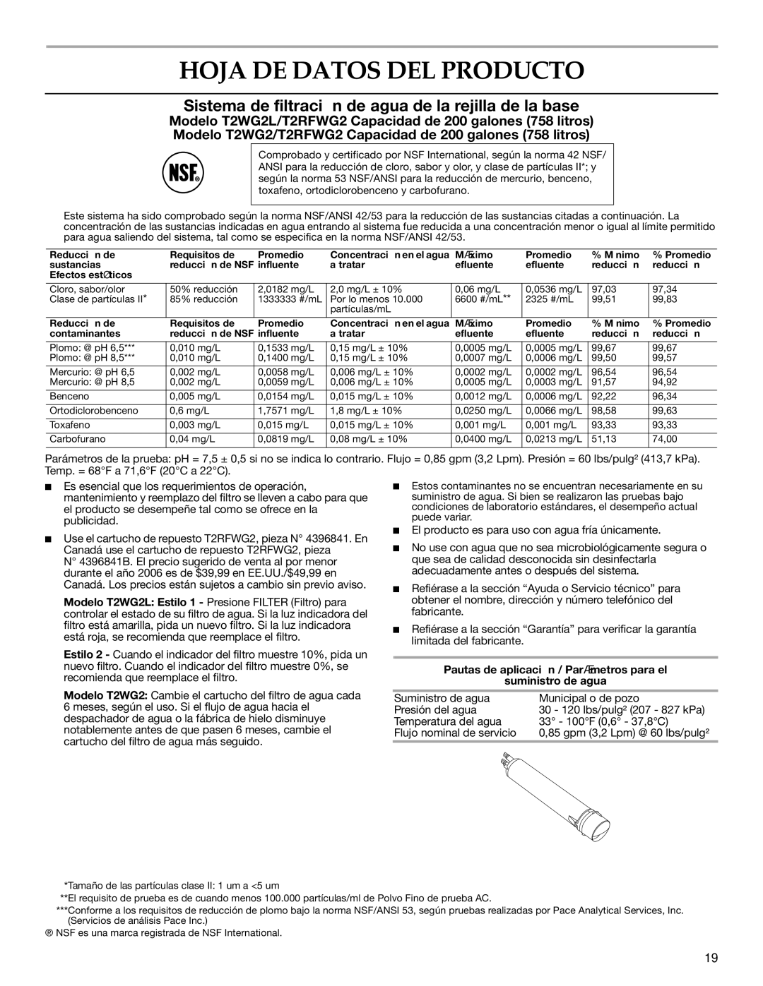 KitchenAid T2RFWG2 warranty Hoja DE Datos DEL Producto, Sistema de filtración de agua de la rejilla de la base 