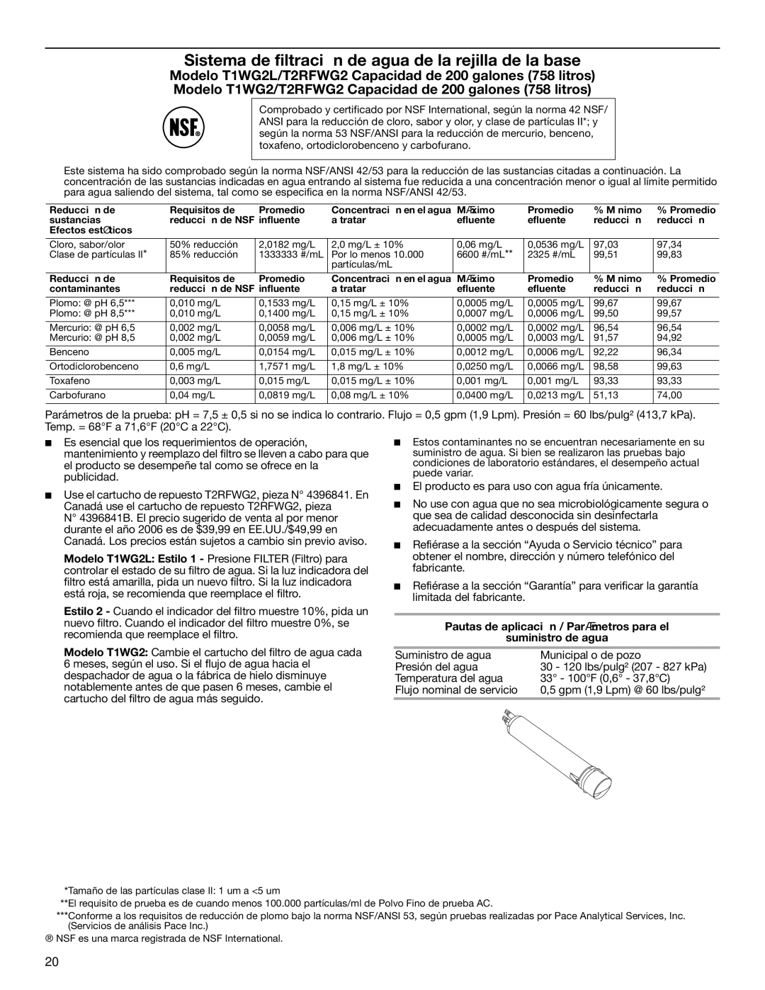 KitchenAid T2RFWG2 warranty Sistema de filtración de agua de la rejilla de la base 