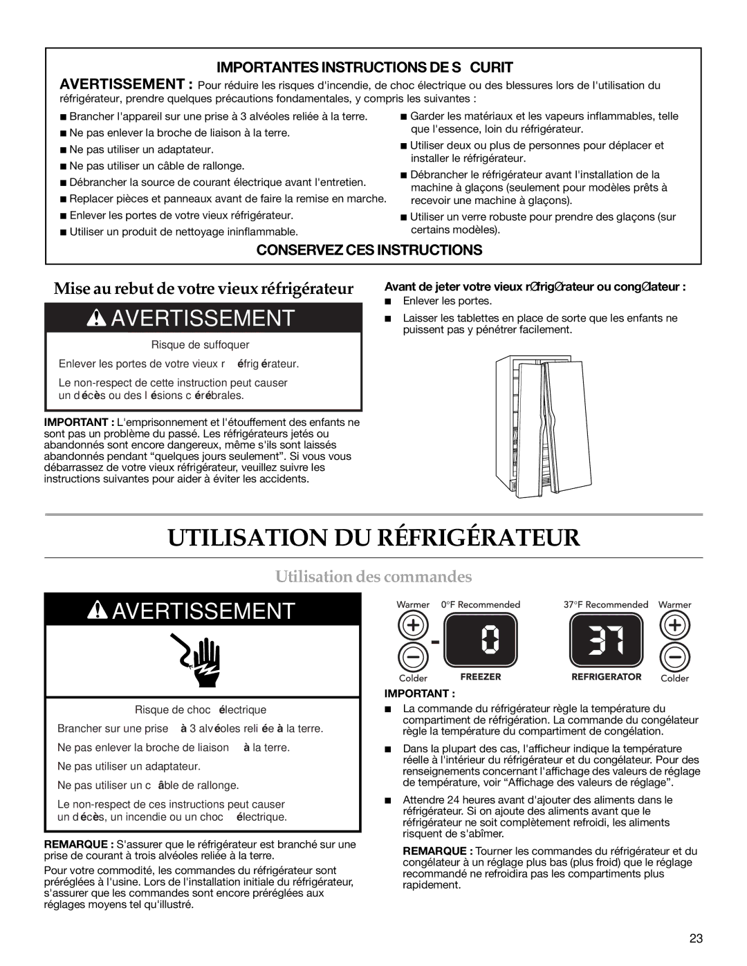 KitchenAid T2RFWG2 warranty Utilisation DU Réfrigérateur, Utilisation des commandes 