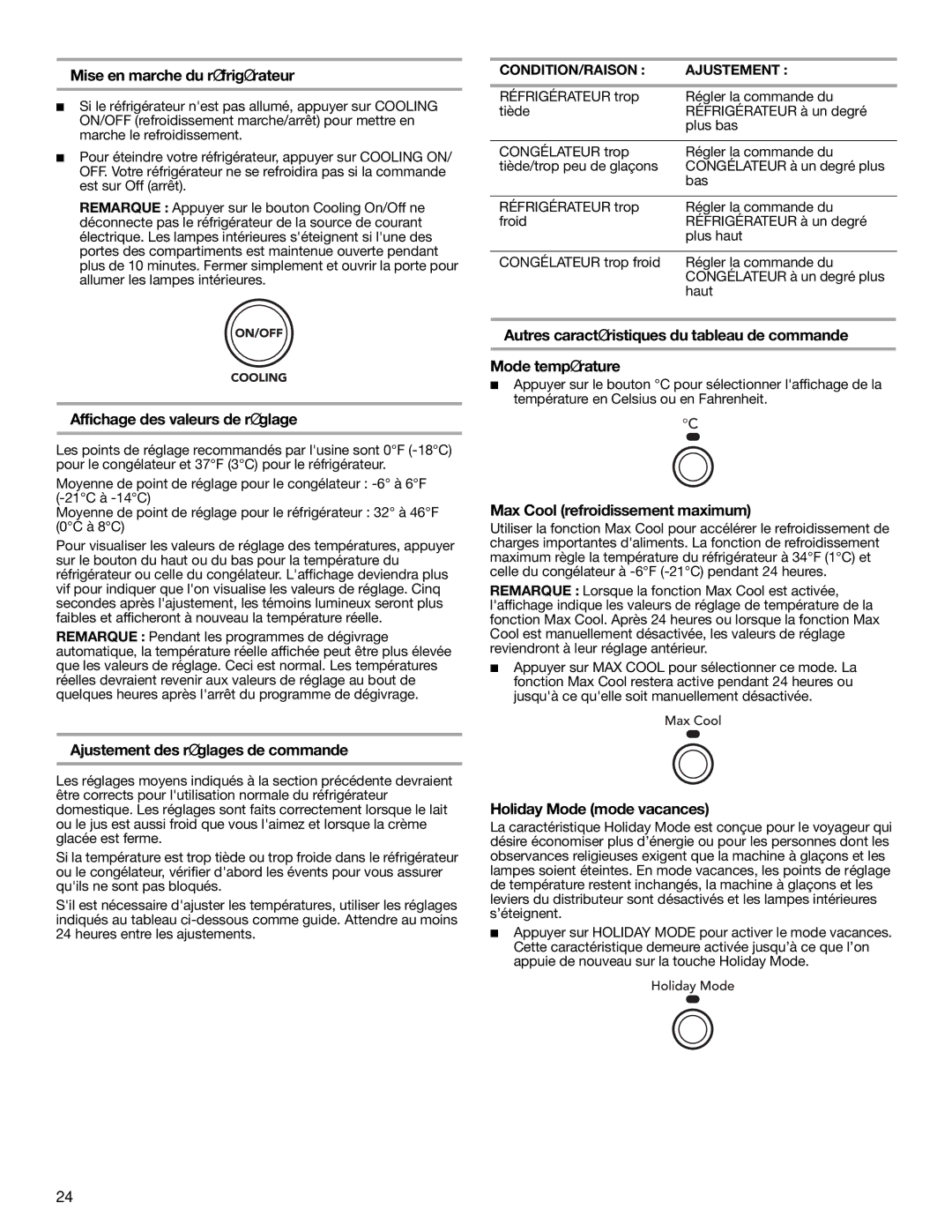 KitchenAid T2RFWG2 Mise en marche du réfrigérateur, Affichage des valeurs de réglage, Max Cool refroidissement maximum 