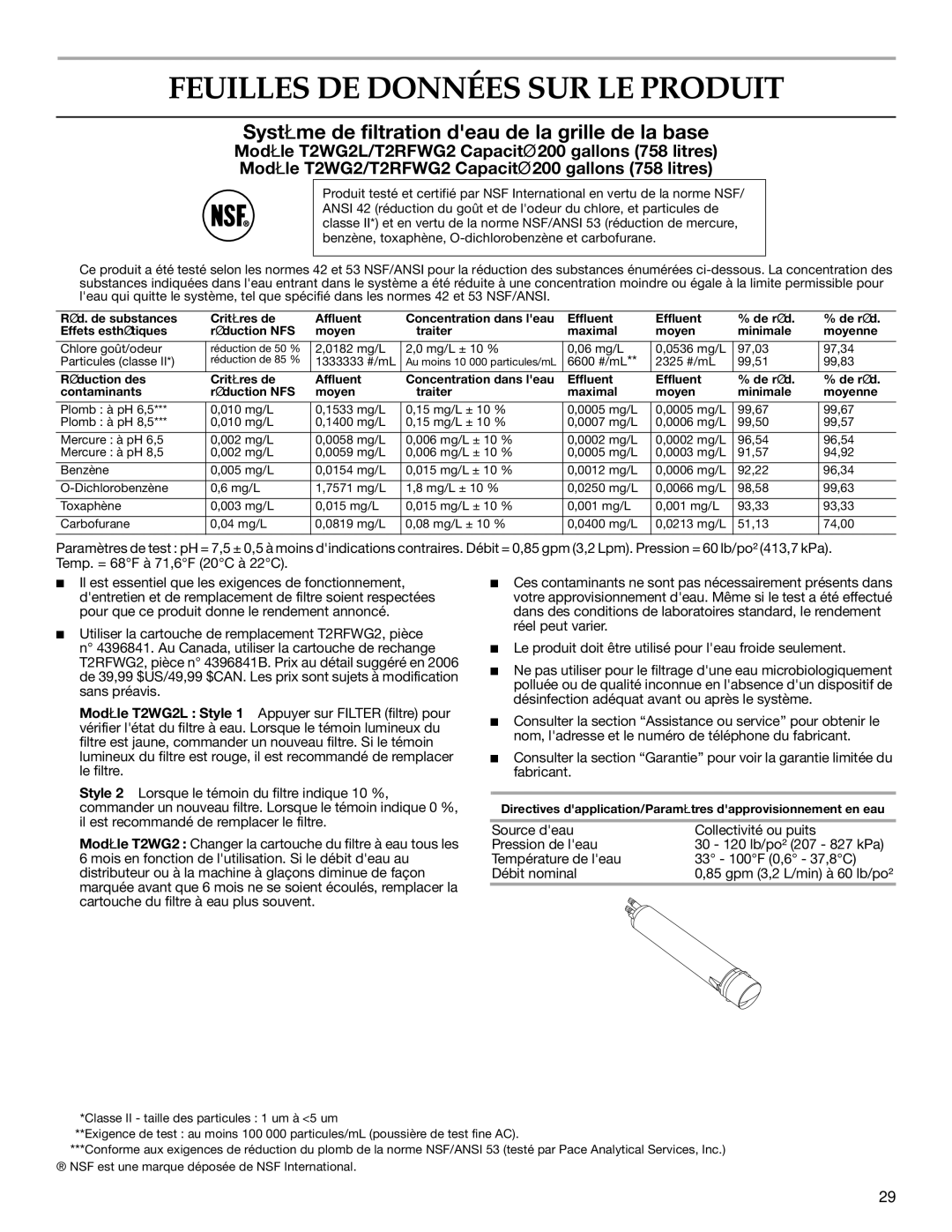 KitchenAid T2RFWG2 warranty Feuilles DE Données SUR LE Produit, Système de filtration deau de la grille de la base 