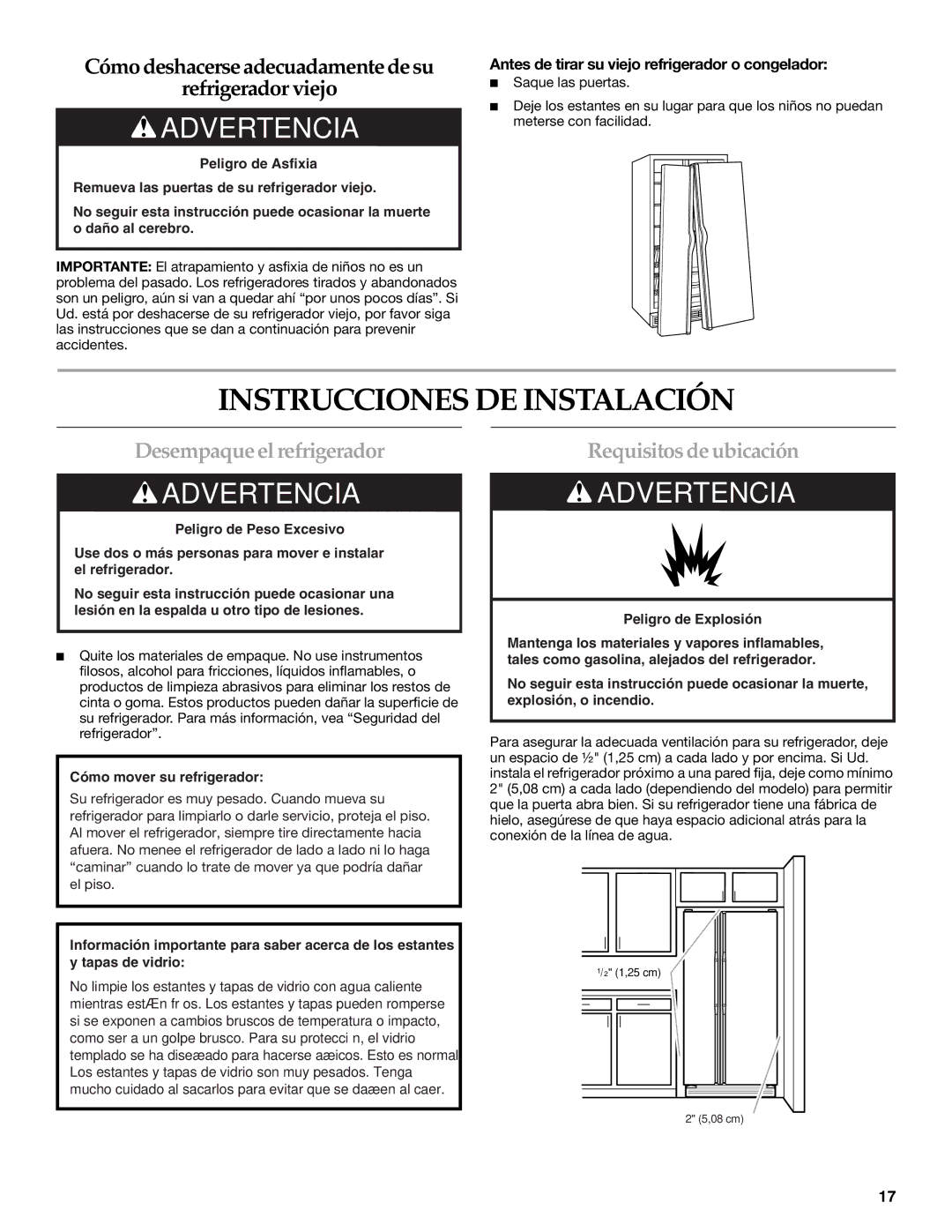 KitchenAid T2WG2L Instrucciones DE Instalación, Desempaque el refrigerador, Requisitos de ubicación 