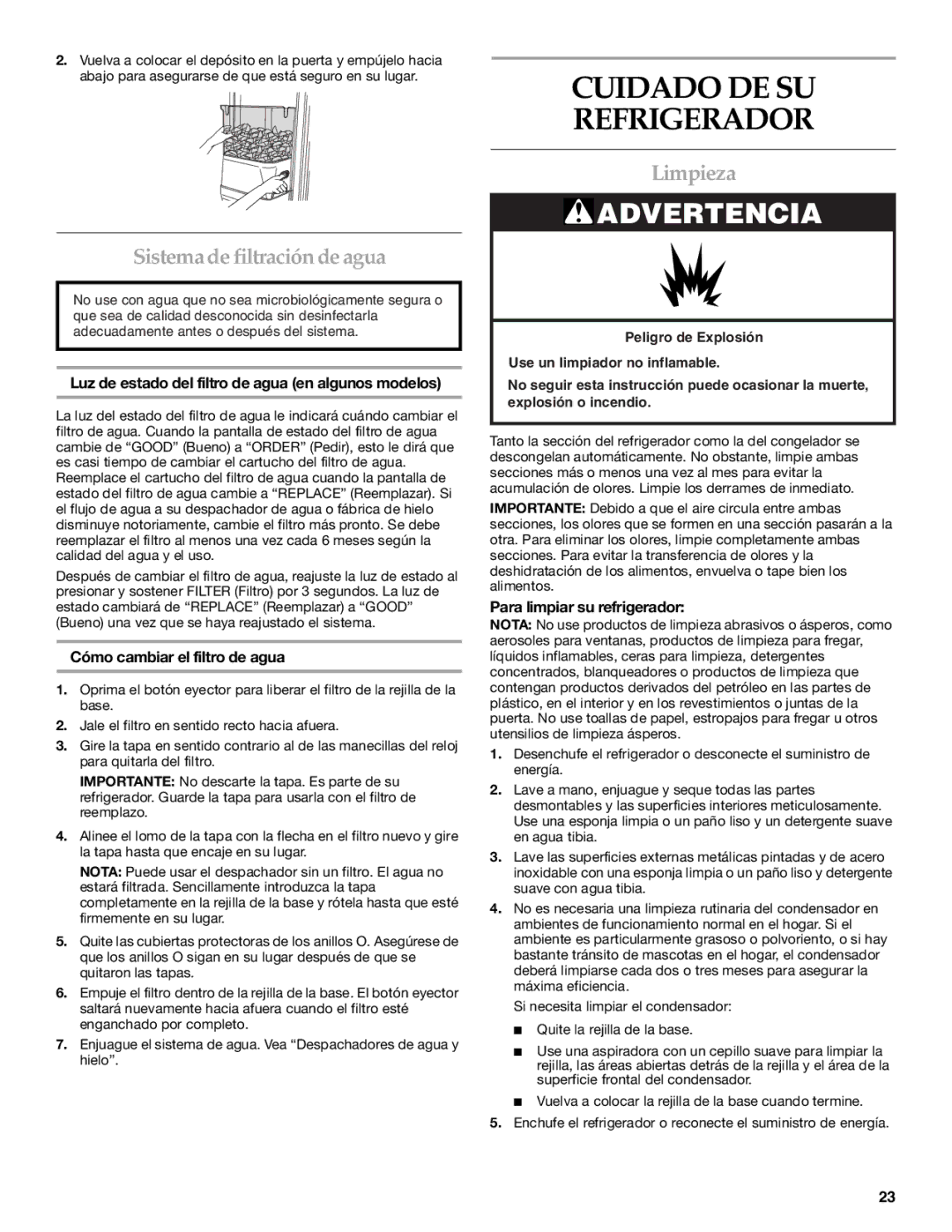 KitchenAid T2WG2L installation instructions Cuidado DE SU Refrigerador, Sistema de filtración de agua, Limpieza 