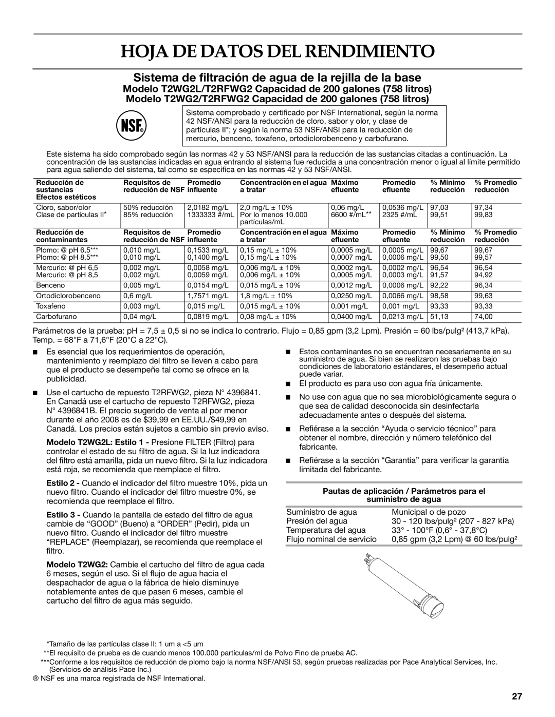 KitchenAid T2WG2L Hoja DE Datos DEL Rendimiento, Sistema de filtración de agua de la rejilla de la base 