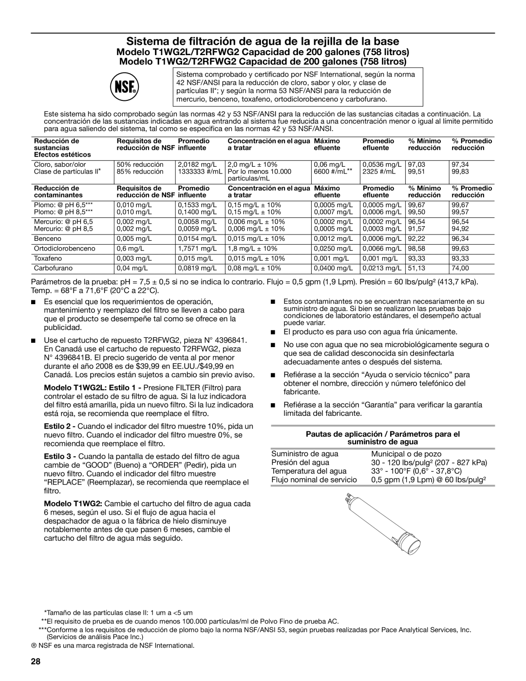 KitchenAid T2WG2L installation instructions Sistema de filtración de agua de la rejilla de la base 