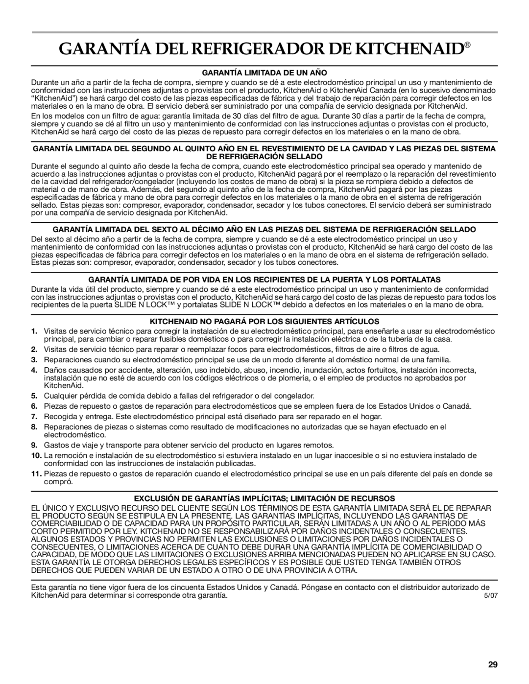 KitchenAid T2WG2L installation instructions Garantía DEL Refrigerador DE Kitchenaid, Garantía Limitada DE UN AÑO 